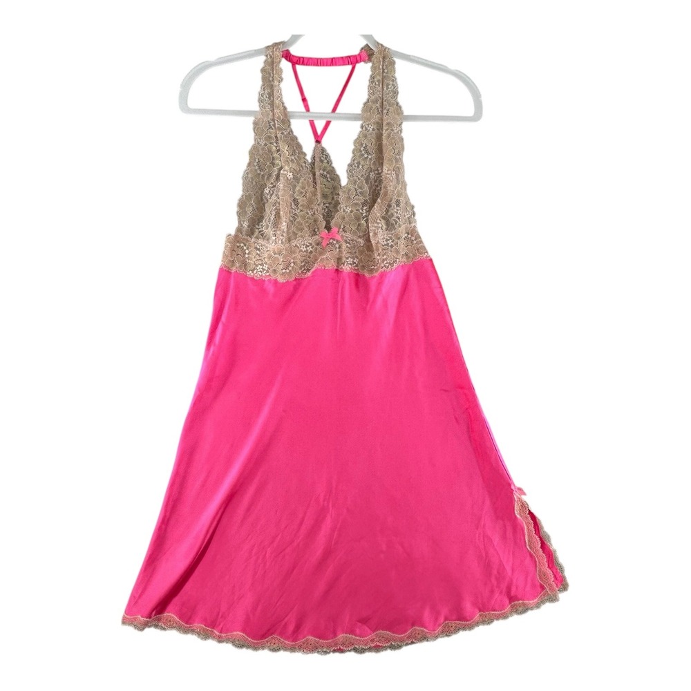 Victoria's Secret Slip Nightie Lingerie Babydoll Hot Pink Beige Lace Size Medium